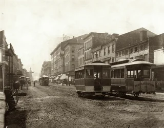 View of Streetcars Traveling on Fourth Street South of Morgan Street. Morgan Street was also Known as Delmar Boulevard, and Later as Convention Plaza